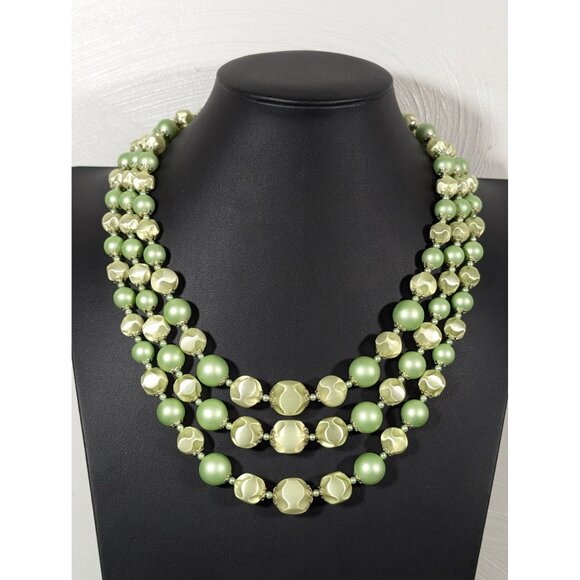 Vintage Japan Green Pearlized Lucite Triple Strand Bib Necklace 21" - Picture 1 of 8